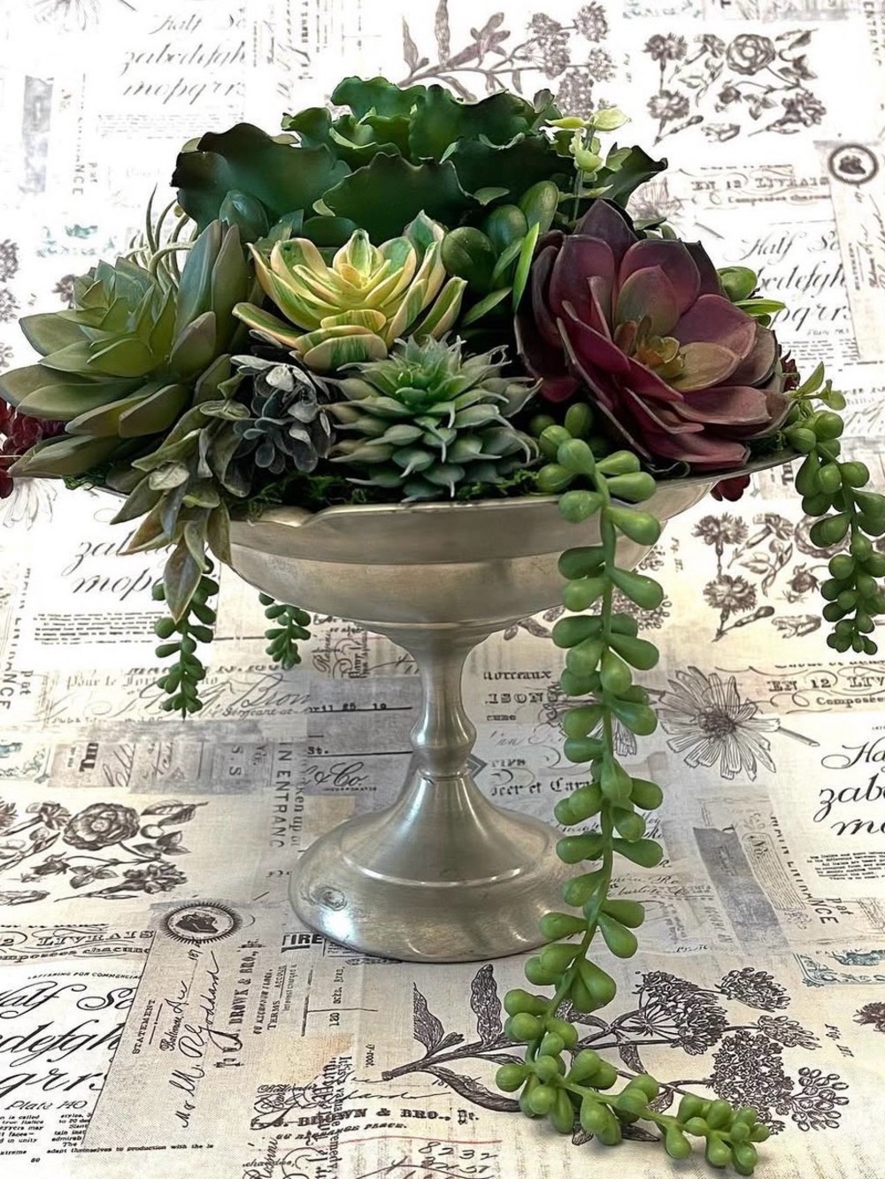Faux Succulent Arrangement in Silver Compote - Green and Burgundy